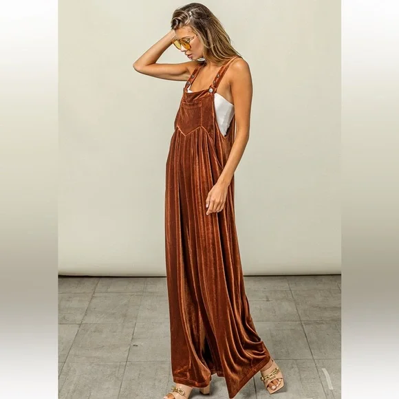 New Wide Leg Velvet Jumpsuit Overalls with Pockets - Picture 5 of 7